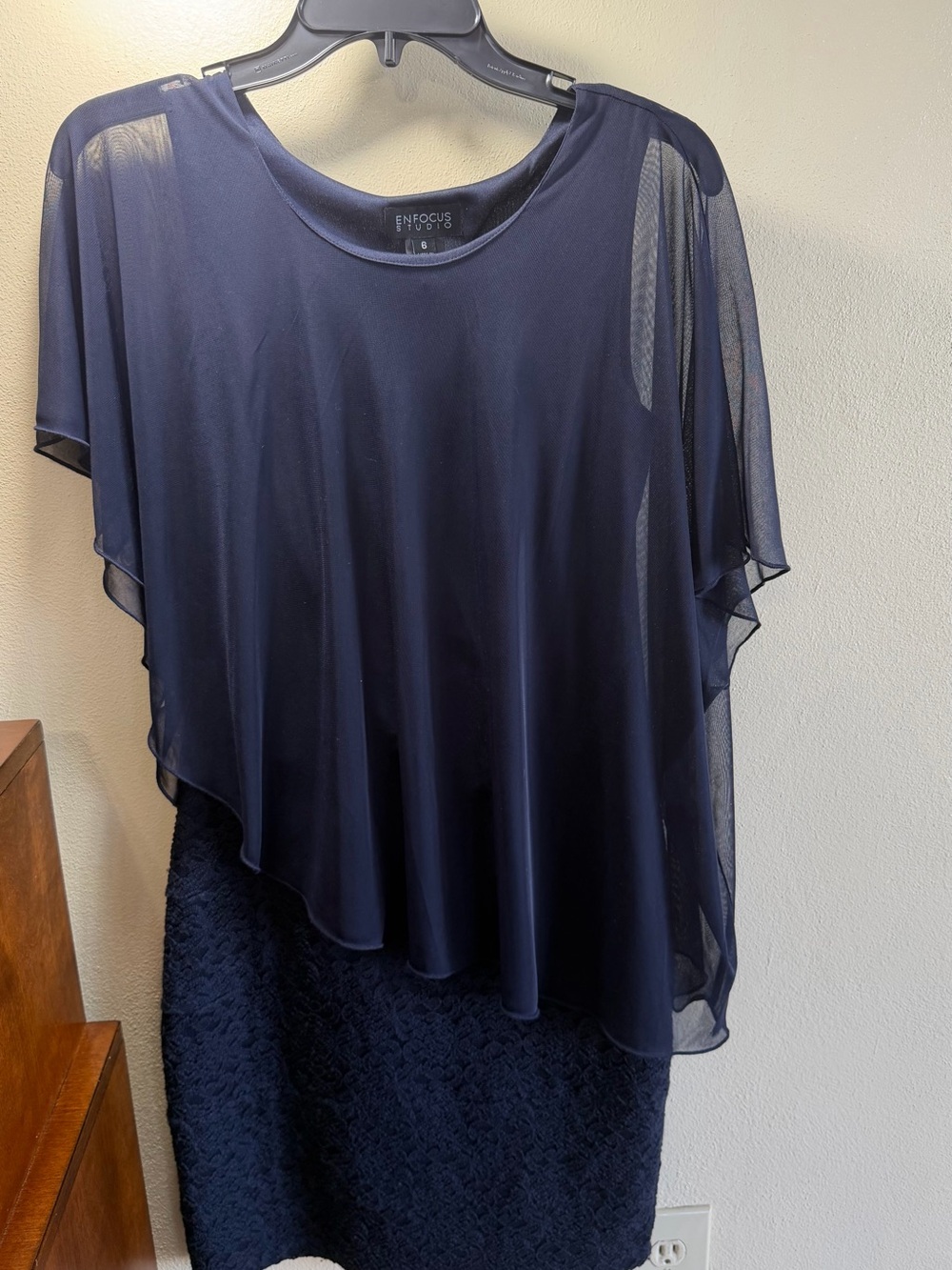 Enfocus Studio Navy Layered Mesh Asymmetric tunic top on a dress